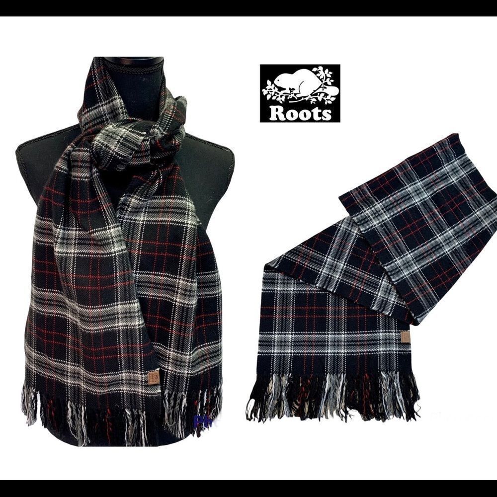 Roots Black red gray white striped plaid check unisex fall winter warm scarf 💥